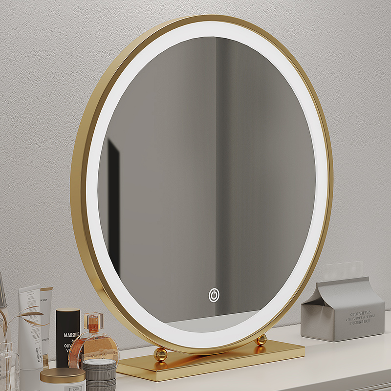 简约台式化妆镜i圆形桌面梳妆镜卧室学生宿舍铁艺大镜子梳妆台镜