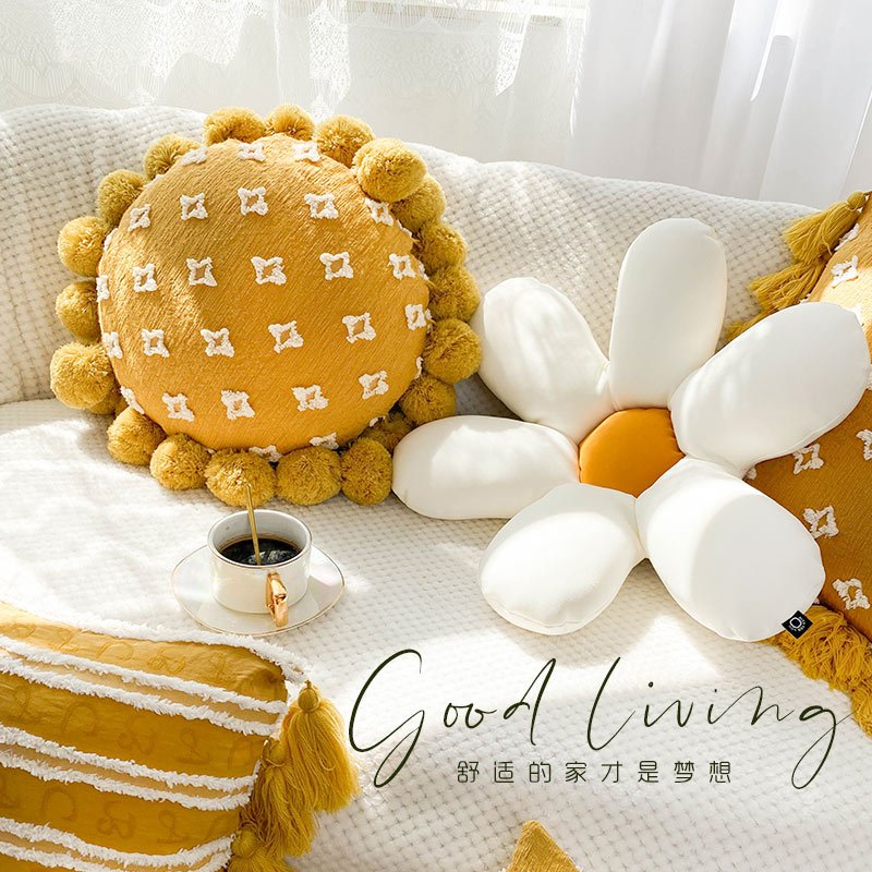 ins姜黄色抱枕流苏n圆形花朵靠枕六瓣花民宿腰枕客厅沙发装饰靠垫