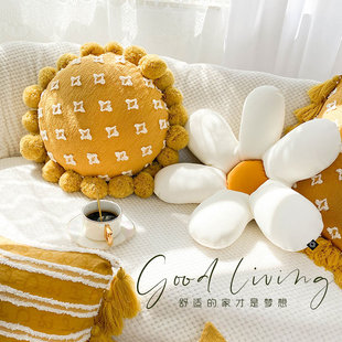 ins姜黄色抱枕流苏n圆形花朵靠枕六瓣花民宿腰枕客厅沙发装饰靠垫