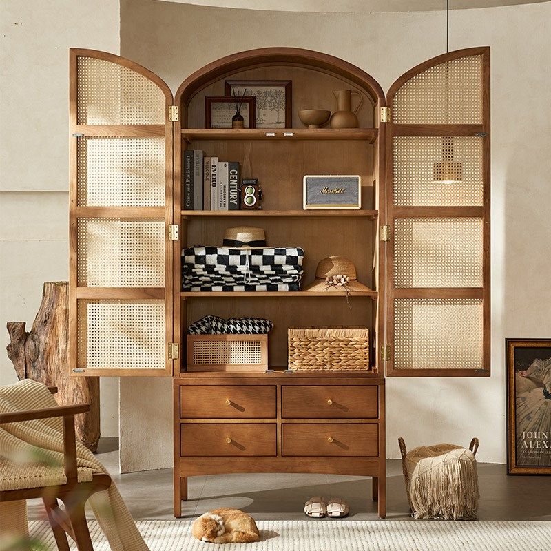 复古实木藤编储物柜家政柜民宿酒店高柜侘寂风书柜展示装饰收纳柜,住宅家具,家政柜,淘宝优惠券,粉丝福利购,淘宝优惠卷