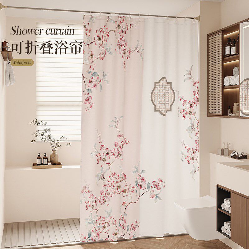 新中式浴帘防水防霉洗澡淋浴隔断卫生间遮挡门帘免打孔浴室速干布