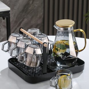 家用客厅喝水杯子带把家庭待客茶杯杯架杯具 高级感玻璃杯水具套装
