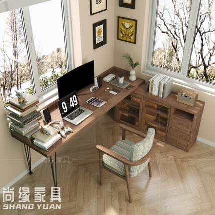 复古实木转角书桌家用拐角双人办公桌 书房靠墙l型电脑桌书柜一体