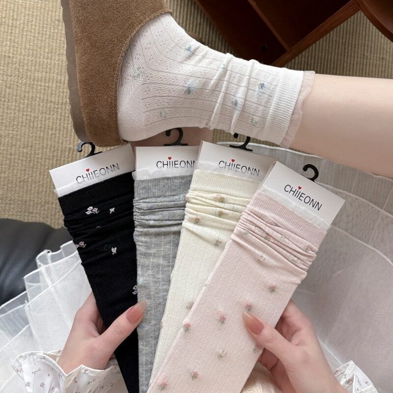 春夏新款温柔小碎花袜子女士中筒袜ins薄百搭女袜长筒袜花边袜子