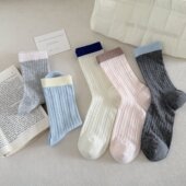 春夏袜子新款 竖条纹中筒袜糖果色精梳棉女袜 ins拼色网眼薄款