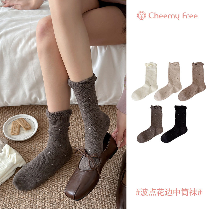 秋冬季美拉德花苞堆堆袜韩系百搭波点中筒袜纯棉女款诸暨袜子批发