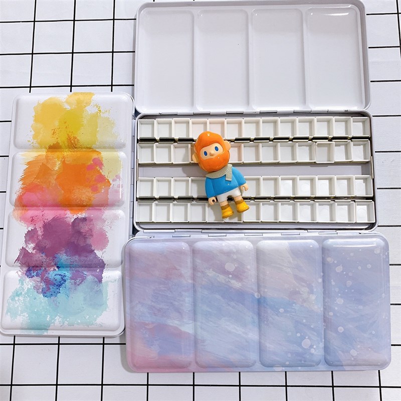 12 24色 48格水彩颜料分装水彩收纳盒带卡槽平底彩色三折铁盒盒子