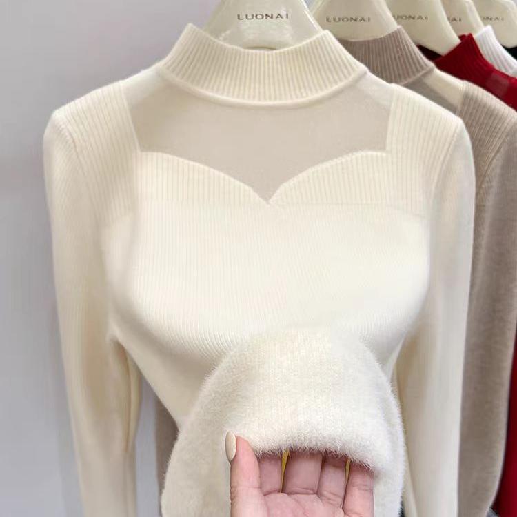 加绒毛衣女加厚冬季内搭一体绒小众设计感网纱上衣半高领打底衫女