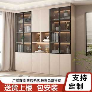 轻奢书柜书架一体组合带玻璃门储物柜家用整墙落地实木书橱
