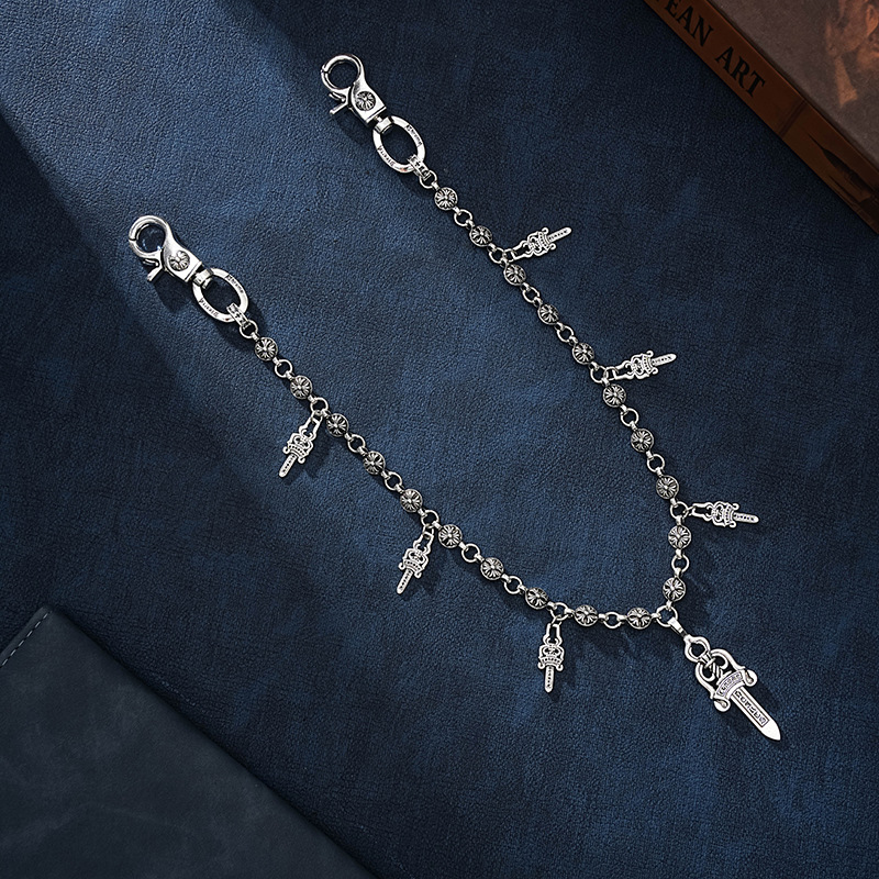 thumbnail for Trendy brand electroplating silver cross flower ball buckle waist pants chain chain personality retro distressed European and American bag hanging chain thick punk