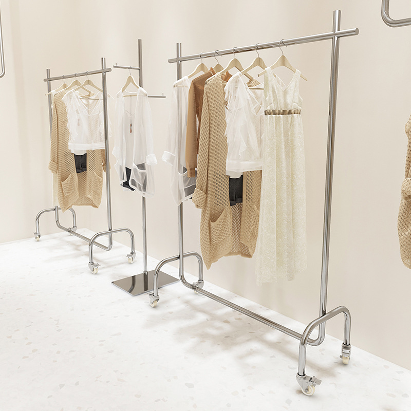 女装店中岛展示架直播间专用陈列货架带轮服装店不锈钢银色挂衣架