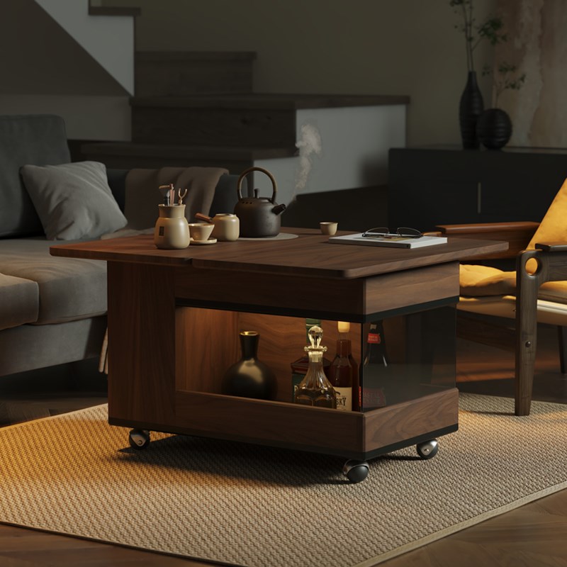 沙发边柜侧边柜可折叠翻转实木边几黑胡桃木可移动小推车旋转茶几