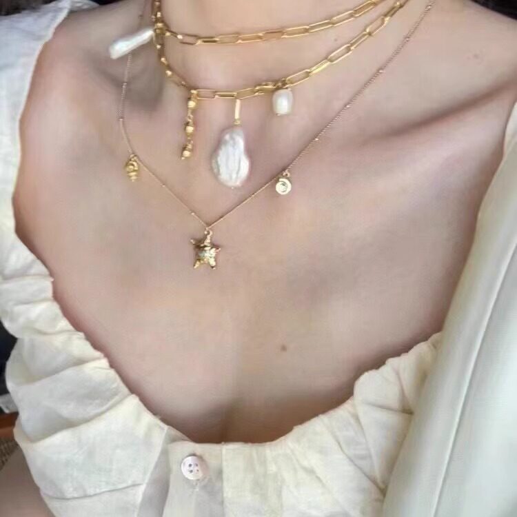小众方形链条天然巴洛克珍珠y字项链女欧美个性毛衣链