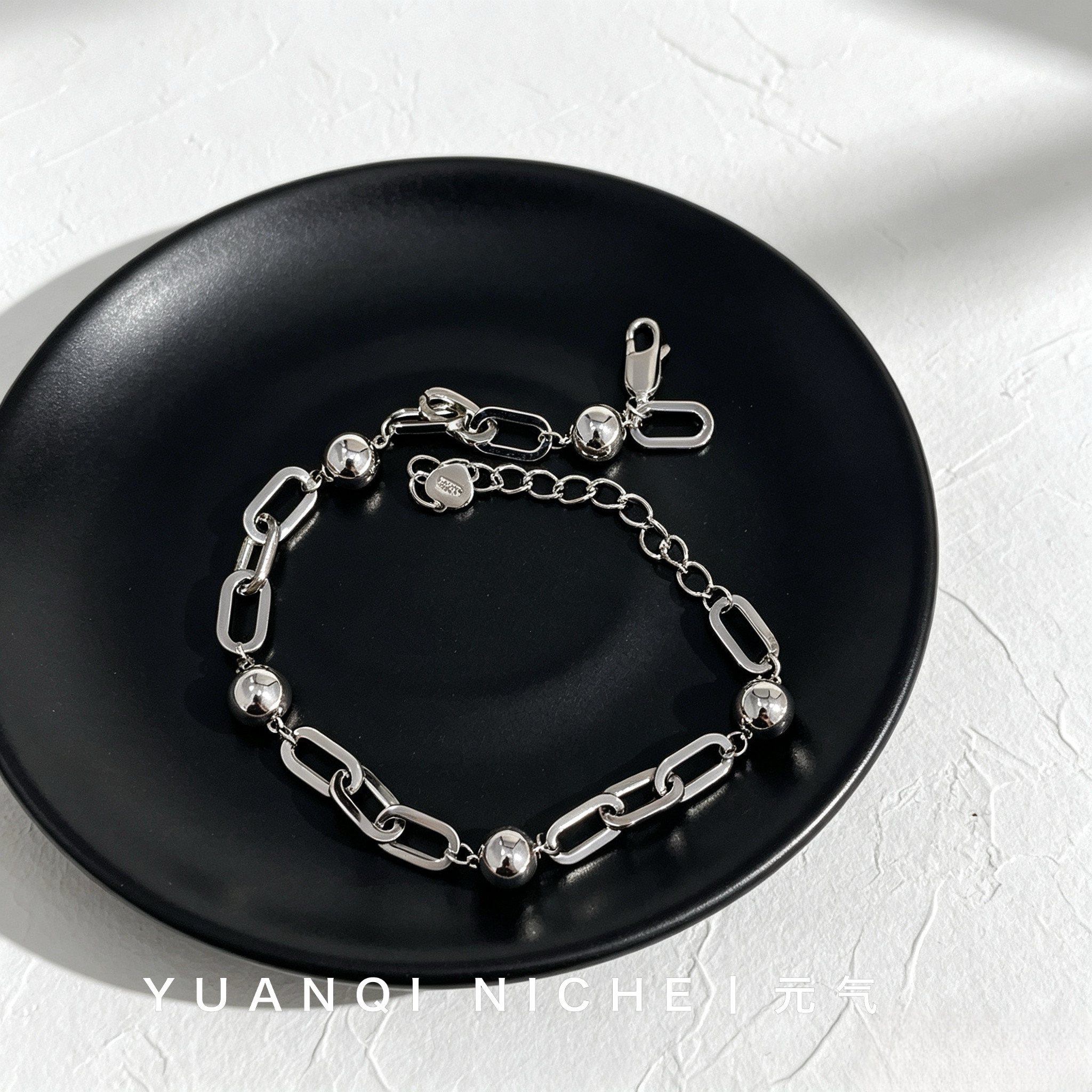 精工CNC 方形链条圆珠手链S925纯银镀金白金色小众设计轻奢高级感