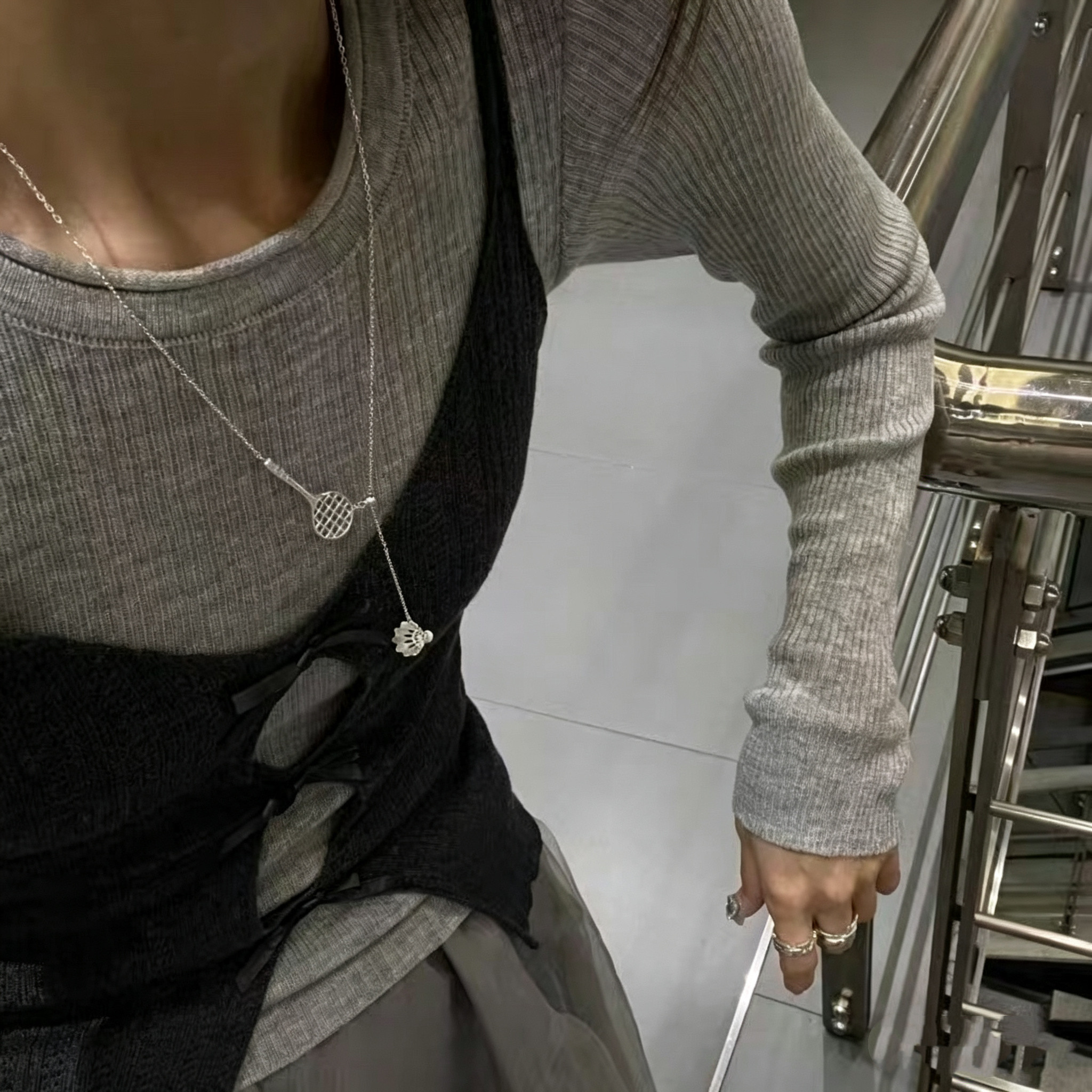 韩版S925纯银羽毛球拍项链女小众设计轻奢锁骨链百搭颈链配饰