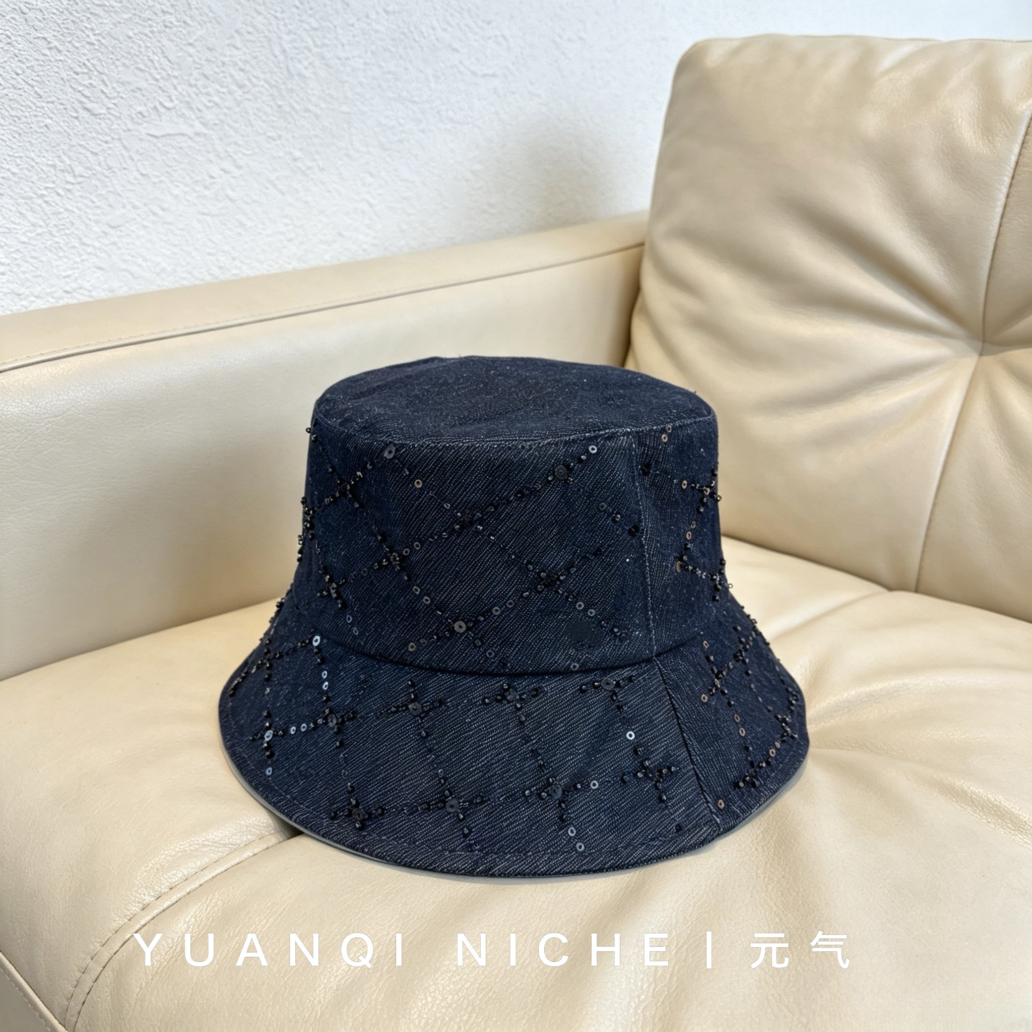 小香风藏蓝色牛仔亮片刺绣渔夫帽蝴蝶结高颅顶气质小众高级感帽子