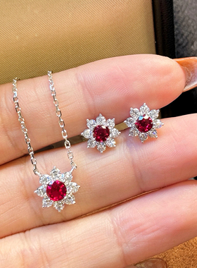 小富婆轻奢贵气太阳花人造红宝石满钻S925通体纯银项链耳钉套装