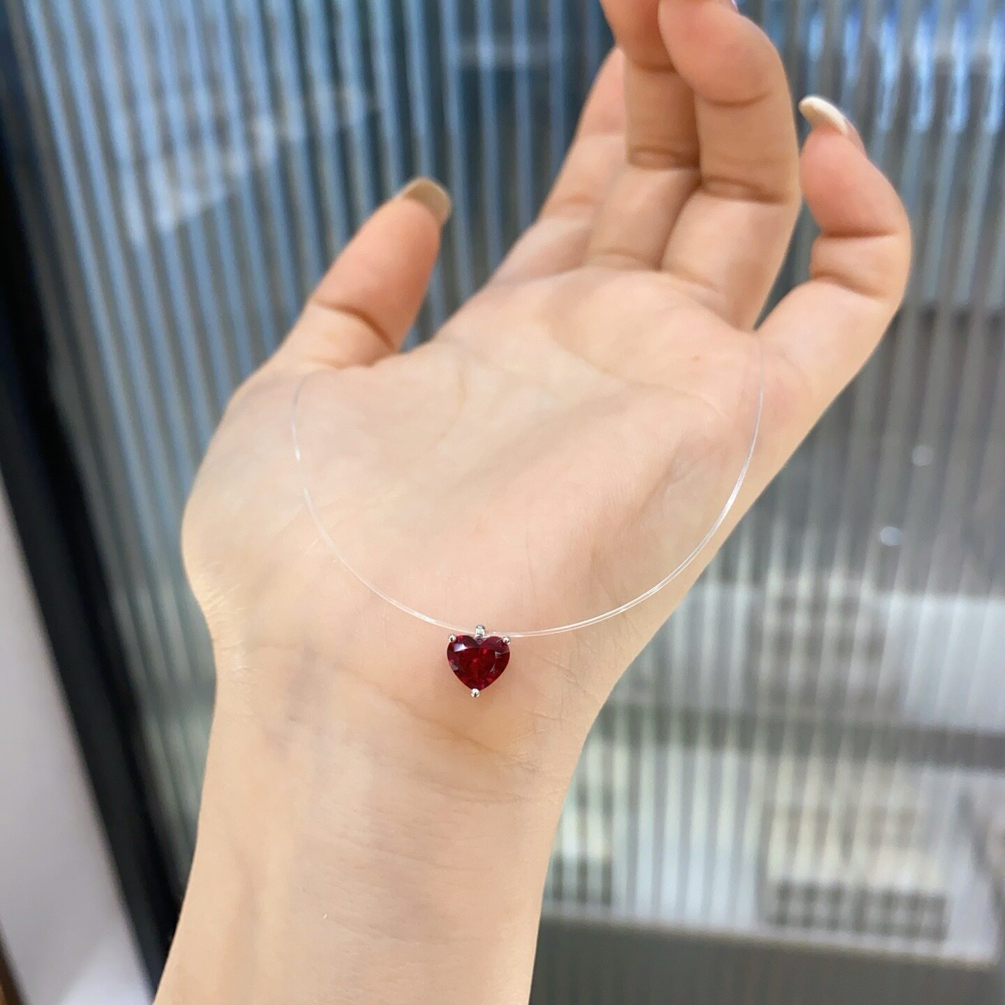 S925银人鱼泪透明鱼线红刚玉小爱心项链小众精致1克拉锆石锁骨链