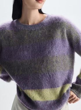 皇室拉绒康赛妮 圆领多色横宽条纹拉绒紫色