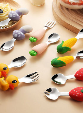 304不锈钢硅胶儿童勺叉家用婴儿短柄喂养叉勺可爱卡通辅食勺
