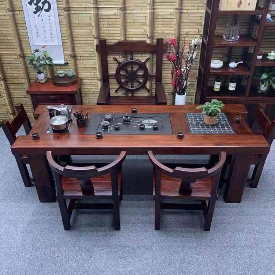 老船木实木茶桌椅办公室泡茶桌船木茶具套组茶桌一体功夫茶桌家用