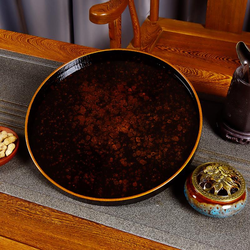 圆形托盘木盘子漆器茶盘滴金大漆工艺30CM直径壶承隔热干泡台壶垫