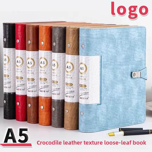 A5皮革磁扣活页信息小册子100页A5鳄鱼图案表面高清内页袋插入存
