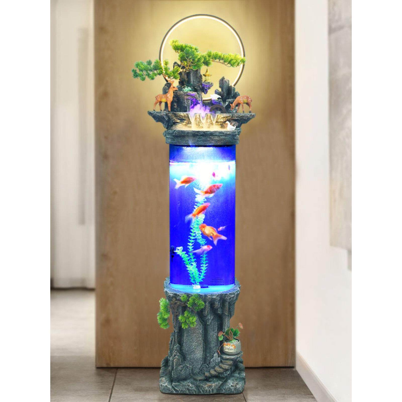 圆柱形鱼缸客厅落地中欧式流水景摆件金办公室免换水族箱网红喷泉