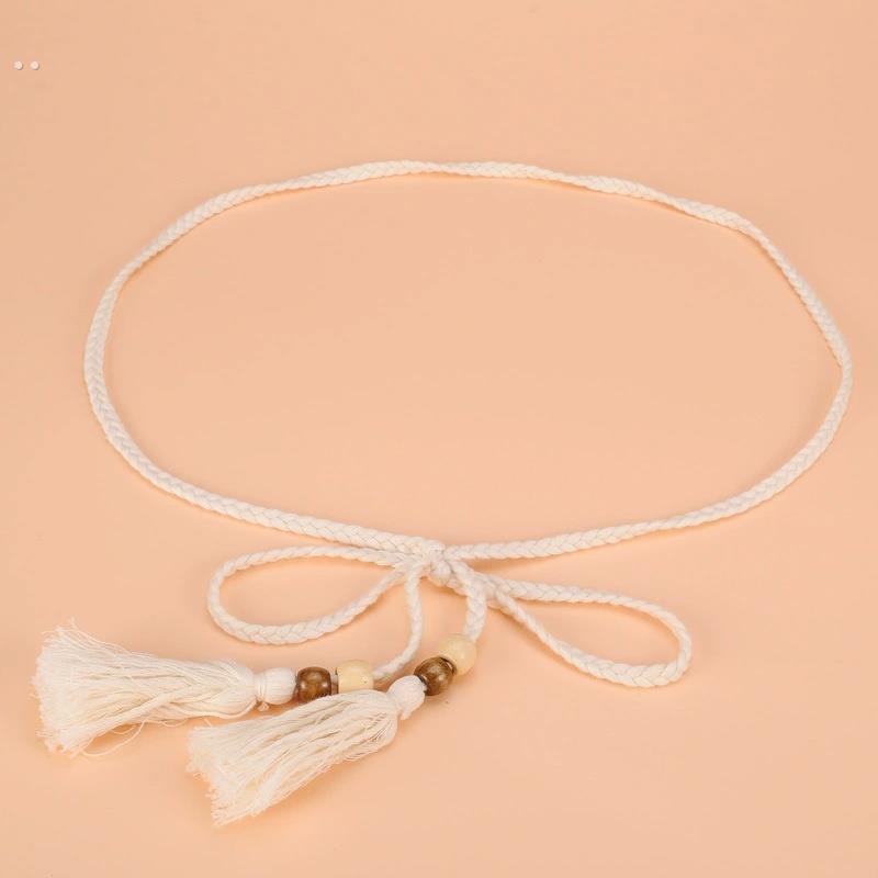 文艺范棉绳编织腰链 配裙子女士长款打结腰带 流苏装饰窄款腰链女