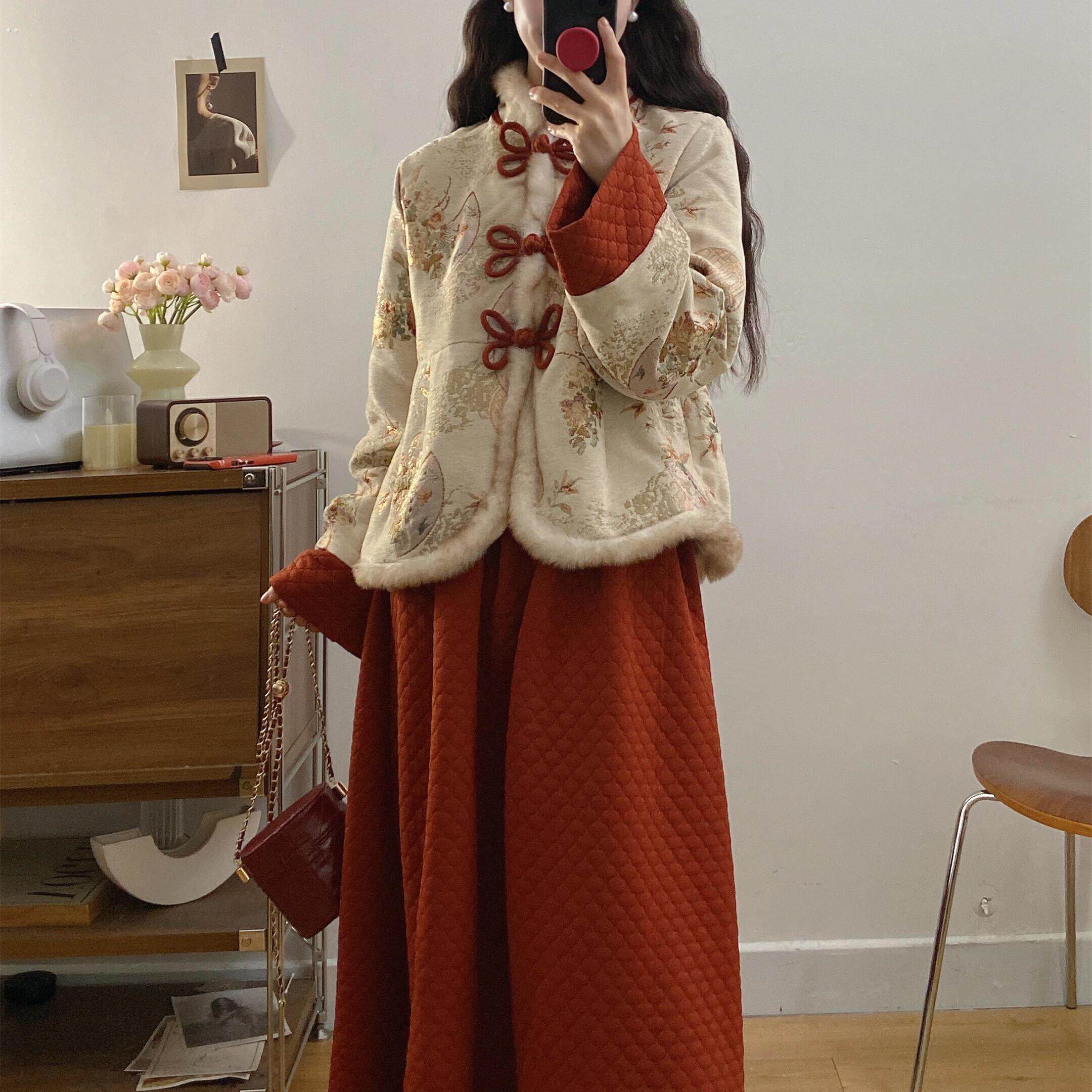 大码新中式国风套装女装加厚棉服外套裙子冬季新款红色本命年礼服