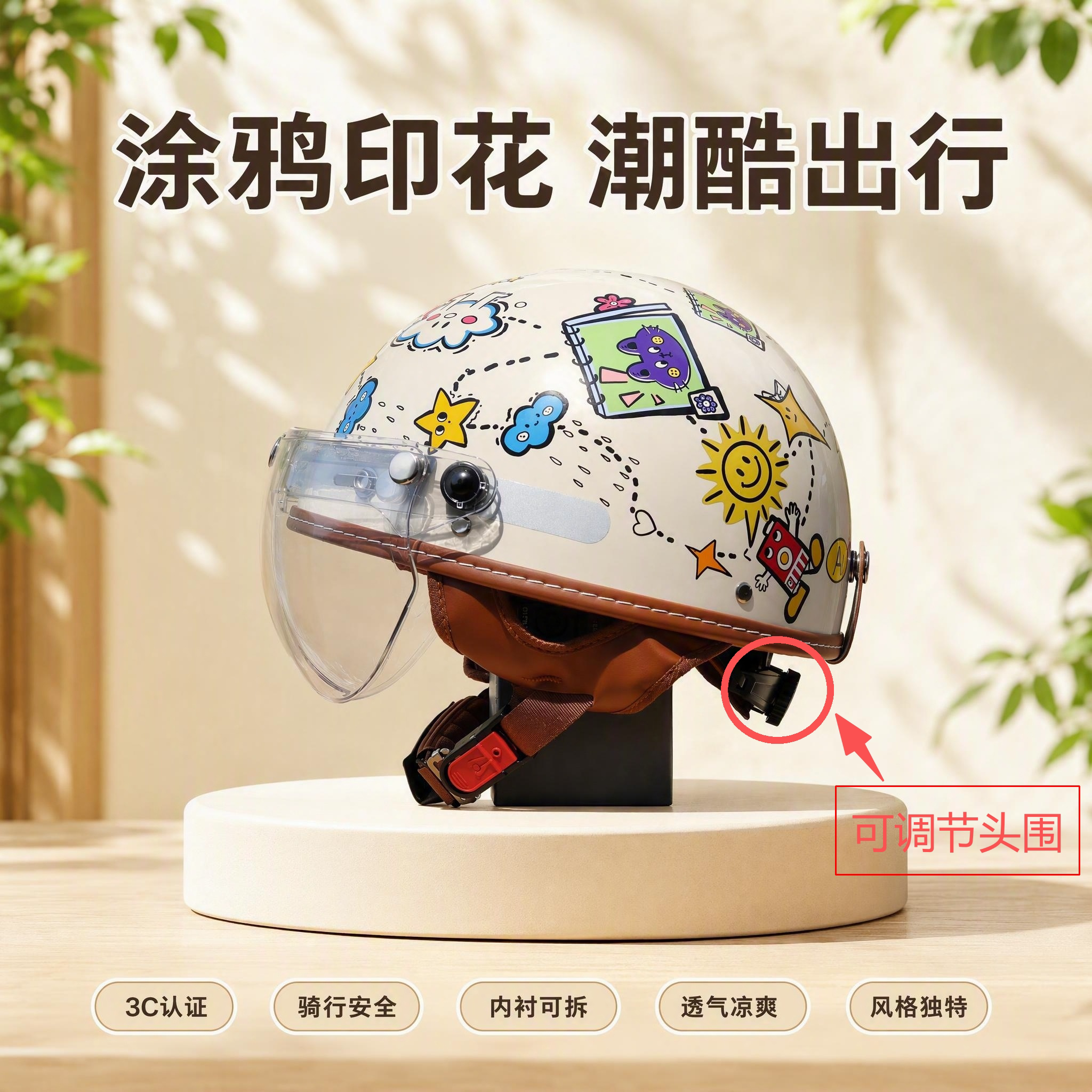 evo头盔复古半盔摩托电动瓶车可调节可爱卡通涂鸦男女儿童通用夏