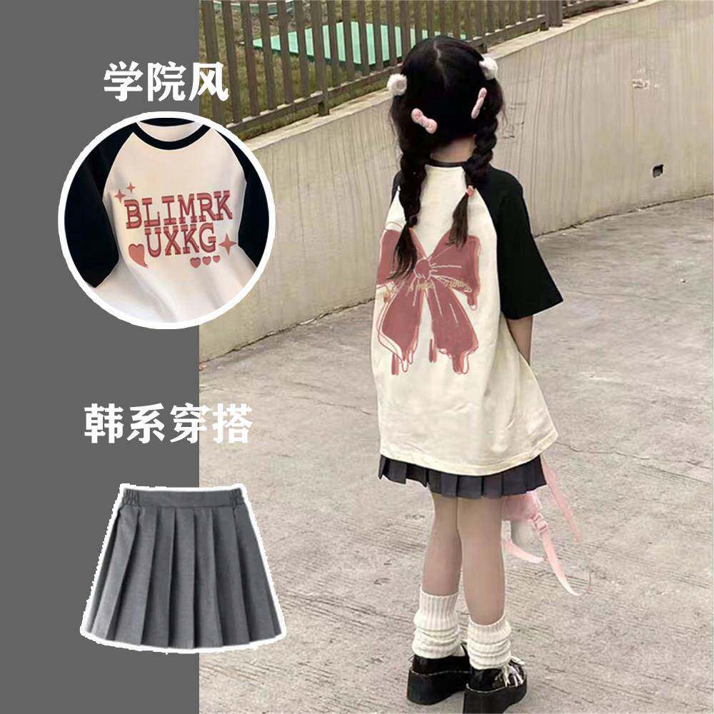 2024新款女童套装T恤短袖纯棉中大童学生两件套洋派韩版蝴蝶结ins