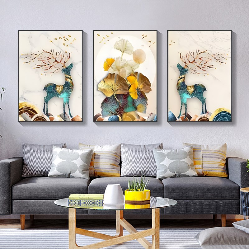 2025新款e银杏钻石画满钻客厅发财麋鹿三联5diy点贴砖十字绣手工