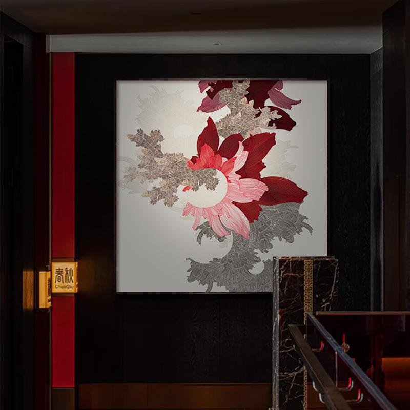 新横中式大YZ202411气红色装饰画黄色大尺抽寸玄关酒店餐厅画象版图片