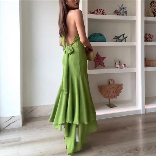 亚马逊跨境独立站欧美气质露背纯色小设计荷叶边连衣裙修身长裙女