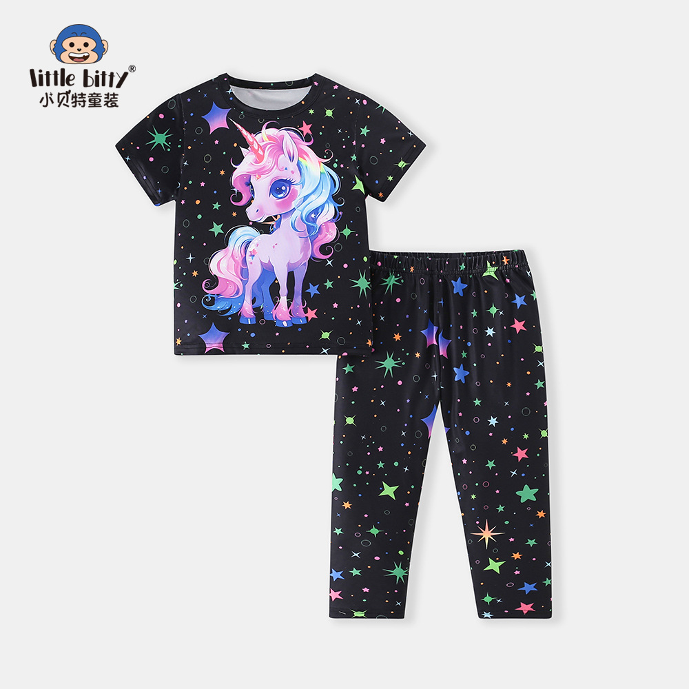 2025年夏季新款女童梦幻独角兽短袖长裤套装荧光休闲时尚中小童