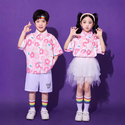 新款六一儿童啦啦队演出服中小学生花衬衫运动会开幕式服装表演