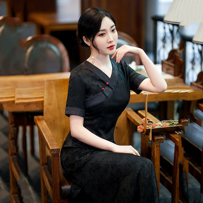 低领黑色显瘦妈妈装奥黛新中式改良旗袍2025新款女复古连衣裙