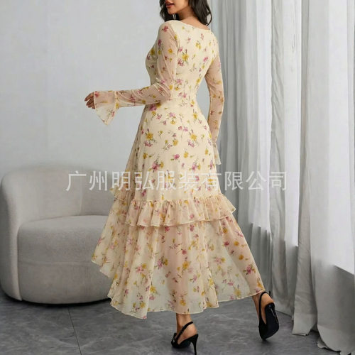 2026欧美女装新款豹纹鱼尾时尚优雅亚马逊印花长款连衣裙女