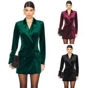 跨境欧美丝绒西装 百搭气质宽松连衣裙外套裙 裙女2025独立站新款