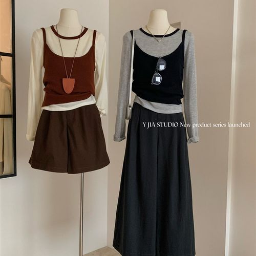 YJIA 伊嘉2024早秋小套装撞色圆领薄M款长袖打底+针织背心套装