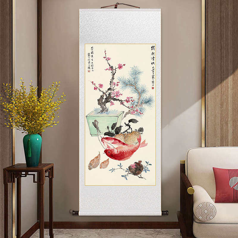 玄关画古典牡丹国画玉堂富贵图中式客厅装饰画办公室茶室卷轴挂画