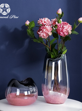 田园风格粉色新春开运扁口个性创意玻璃花瓶插花器家居装饰摆件