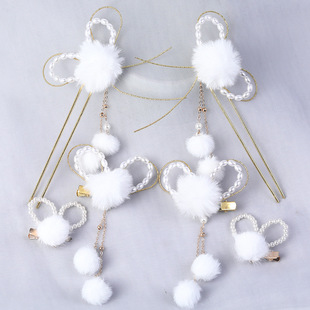 汉服发饰毛球发夹古风发簪绒兔兔对夹毛绒球头饰毛茸茸发钗配饰