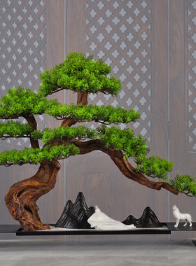 家居禅意摆件 实木杜鹃根迎客松假山盆景 创意木质工艺品