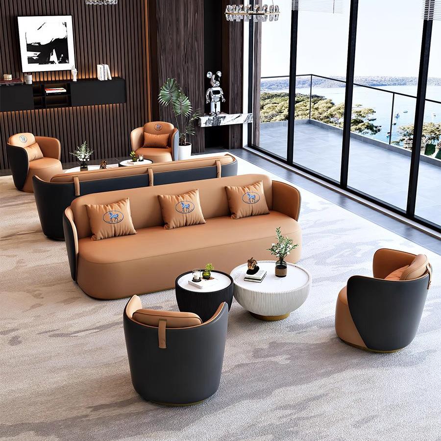 贵宾室商务洽谈皮艺沙发办公室沙发茶几组合会所展厅轻奢双人沙发