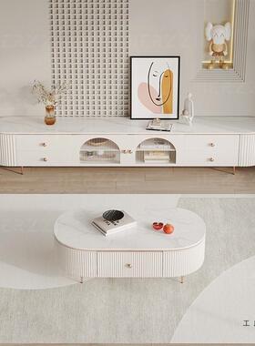 式物奶风小户型客厅实木悬浮油茶几电视柜组合IPM白色储岩法板