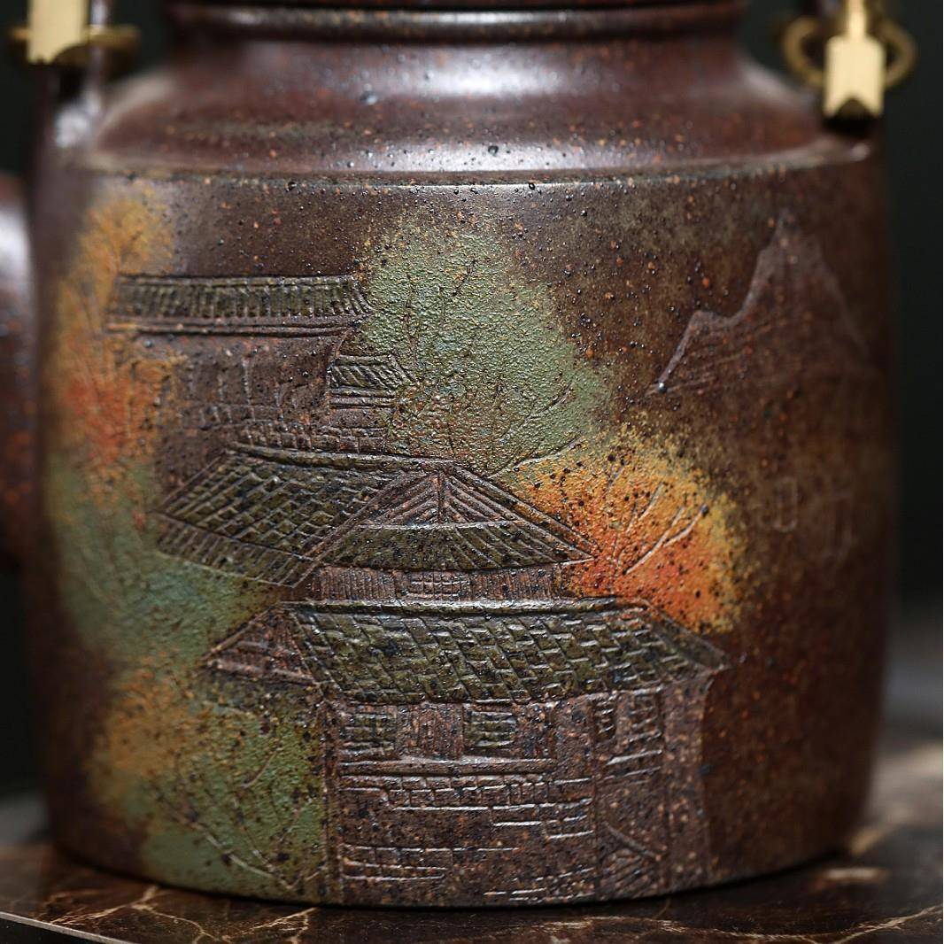 宜兴紫砂壶FKX原矿沉香泥茶高温柴彩绘烧山水洋桶供高端壶直播货