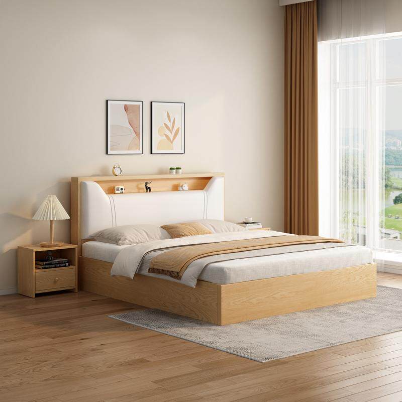 原木色板木结合箱体床背宾软馆双人.8米1大床加密床板包靠实木田