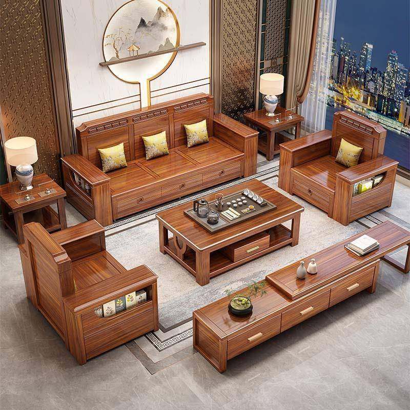 胡桃实木沙发床全468实物木现代中式小户木型厅拉床带抽储原客木